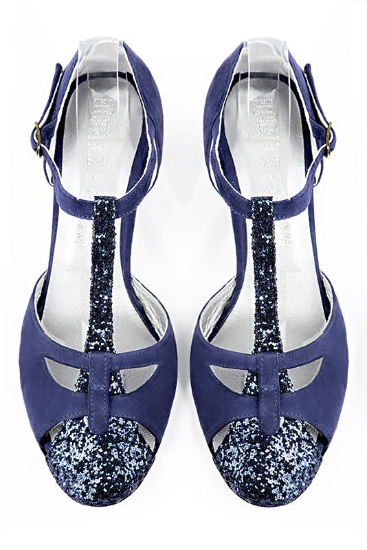 Prussian blue women's T-strap open side shoes. Round toe. Medium spool heels. Top view - Florence KOOIJMAN